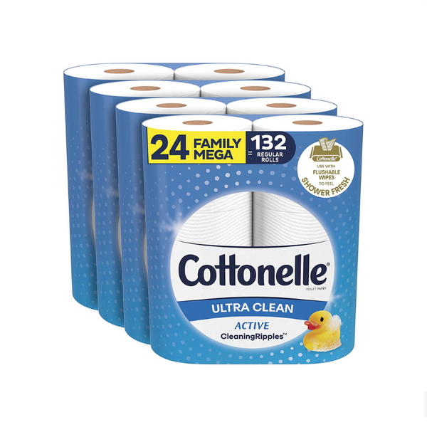 24 mega rollos familiares = 132 rollos normales de papel higiénico Cottonelle Ultra Clean