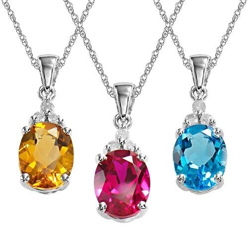 Precious Genuine Stone Diamond Accents Solitaire Pendant Chain Necklace