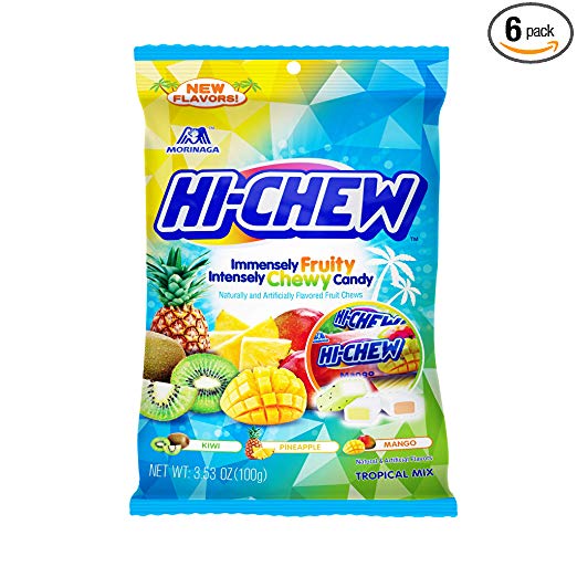 Paquete de 6 3.53 oz. Caramelo de frutas sensacionalmente masticable Hi-Chew (mezcla tropical)