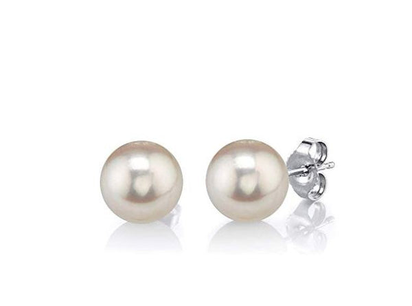 THE PEARL SOURCE 14K Gold Round White Freshwater Cultured Pearl Stud Earrings