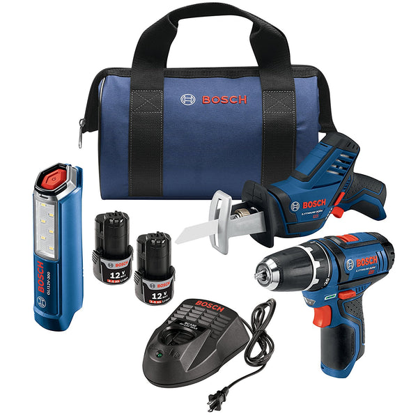 Kit combinado de 3 herramientas Bosch de 12 V máx. con conector de 3/8 pulg. Taladro/destornillador, sierra alternativa de bolsillo y luz de trabajo LED