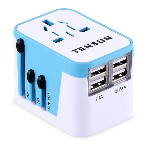 4-port USB wall charger with US UK EU worldwide travel adapter