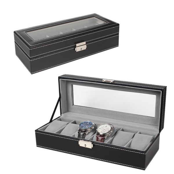 6 slot leather watch box display case with lock