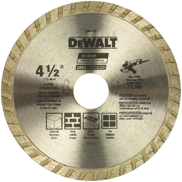 DeWALT DW4725 Hoja de sierra de diamante para mampostería de corte en seco de alto rendimiento de 4-1/2"