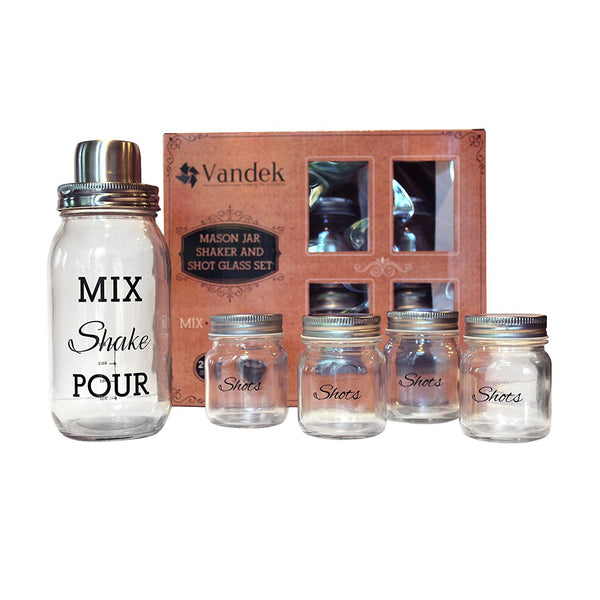 Botella coctelera Mason Jar con juego de 4 vasos de chupito