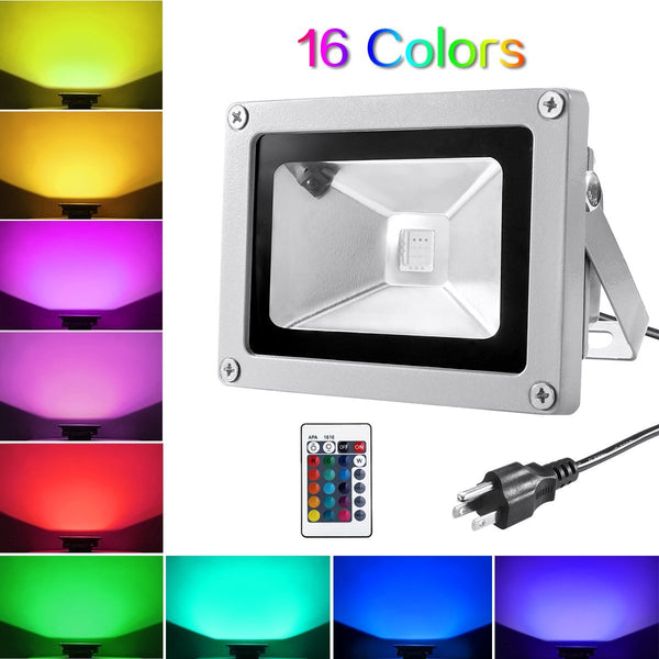 Warmoon 10W Waterproof LED Flood Light with US 3-Plug and Remote, RGB