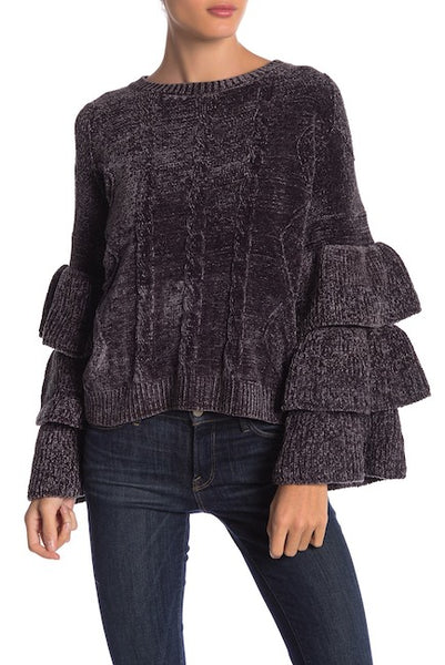 Ruffle sleeve chenille sweater