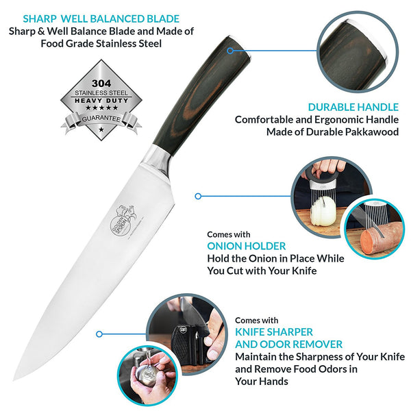 8 inch chef knife, an onion holder, stainless steel odor remover and knife sharpener