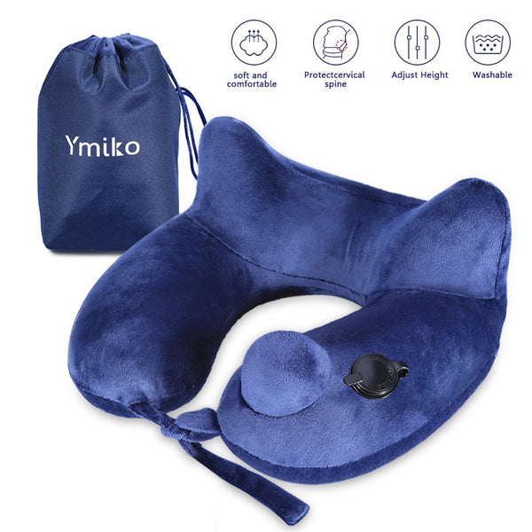 Inflatable travel neck pillow with bag