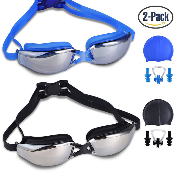 Pack of 2 anti fog goggles with nose clips, ear plugs & swimming caps