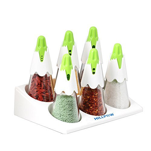 Set of 6 glass salt and pepper shakers with rack