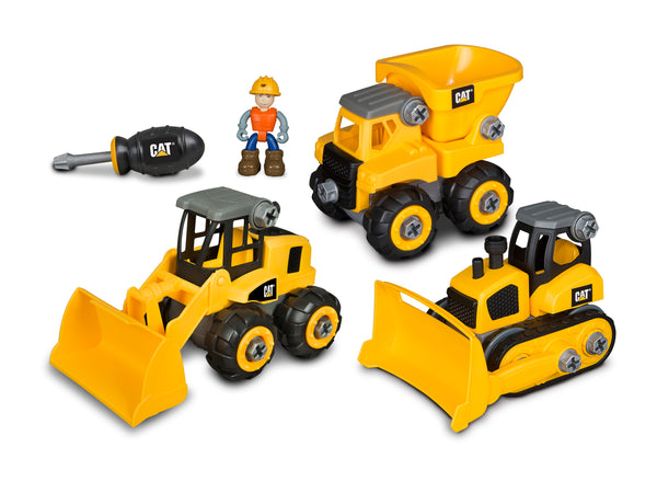 Juego de tractores Caterpillar, camión volquete y topadora