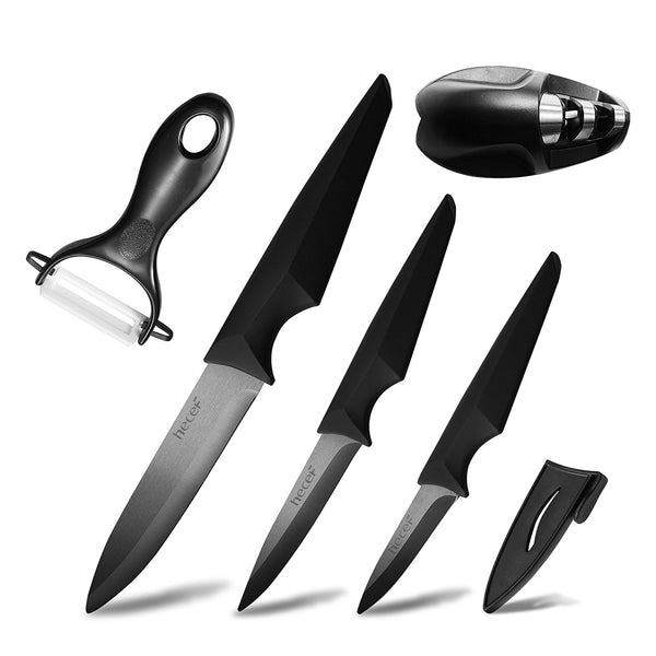 3 cuchillos de cerámica con pelador y afilador de cuchillos.