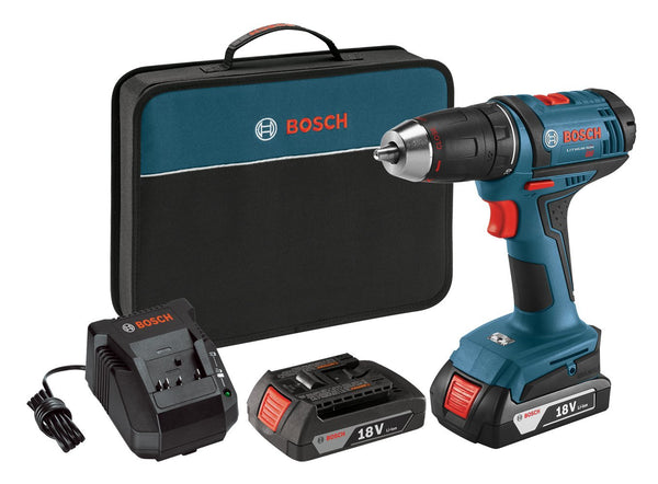 Kit de taladro atornillador Bosch de iones de litio de 18 voltios con 2 baterías, cargador y bolsa