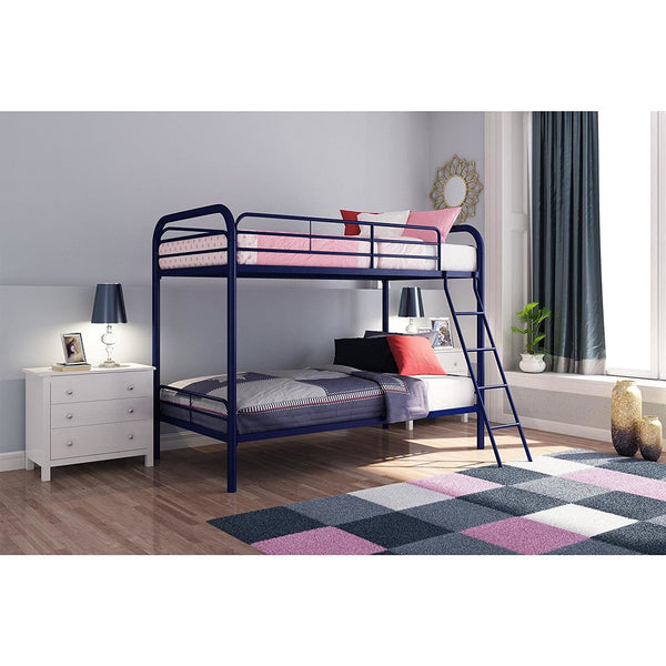 Twin-Over-Twin Bunk Bed With Navy Blue Metal Frame And Ladder
