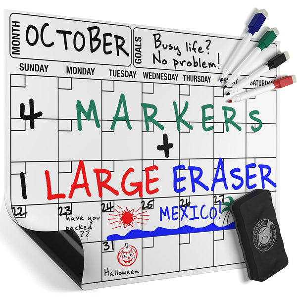 Magnetic dry erase calendar board with 4 markers and eraser