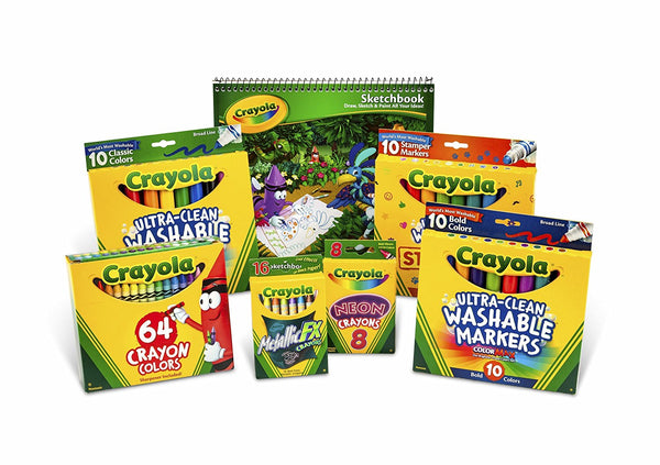 Bundle of 100 Crayola crayons, washable markers and sketch pad