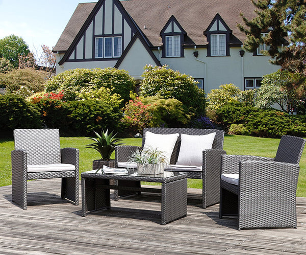 4 piece outdoor wicker furniture set with glass top table