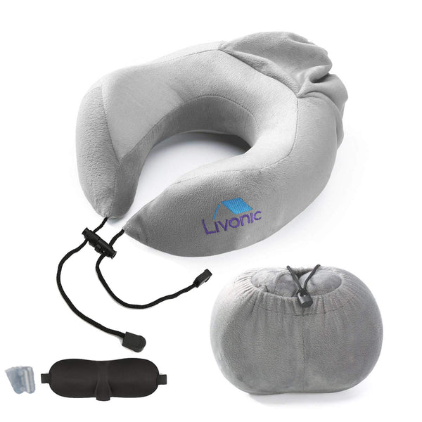 Avión de espuma viscoelástica/almohada para el cuello de viaje con máscara para dormir gratis, tapones para los oídos y bolsa de viaje práctica