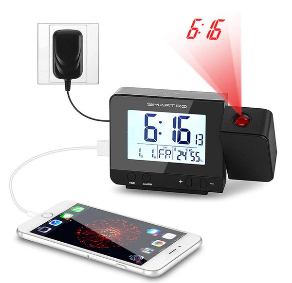 Digital projection alarm clock with USB charger and thermometer