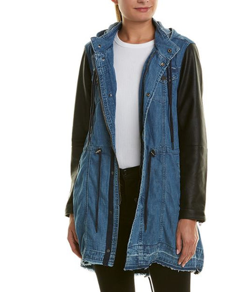 Leather and denim parka