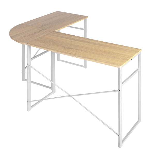 Escritorio para computadora de madera metálica con acabado blanco y roble en forma de L