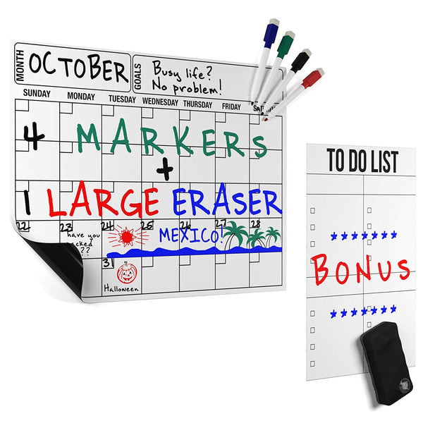 Magnetic Dry Erase Calendar Board With 4 Markers and Eraser
