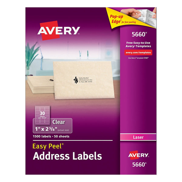 Box of 1500 Avery Easy Peel Clear Mailing Labels for Laser Printers