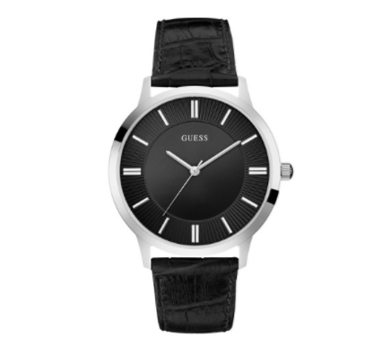 GUESS Men's Black And Silver-Tone Classic Leather Watch