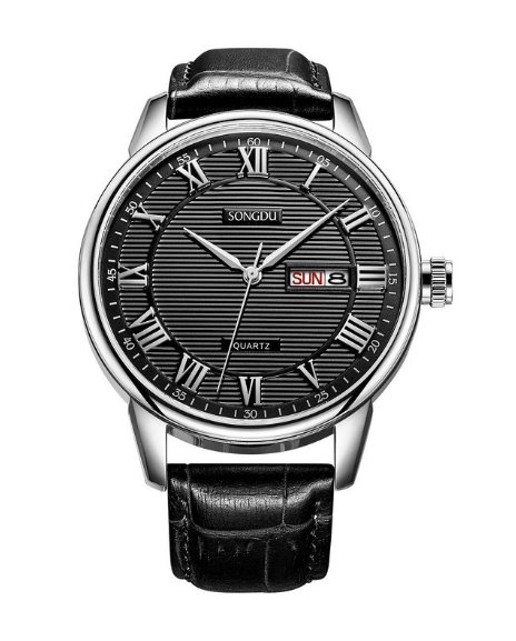 Mens Big Face Watch with Black Leather Strap Band