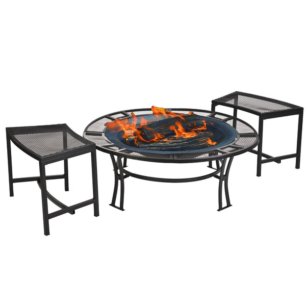 Steel Mesh Rim Fire Pit with Two Bench Set and Cover