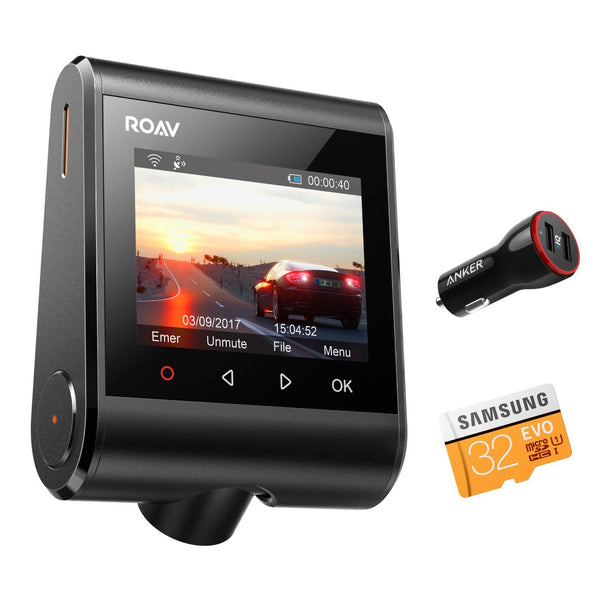 Dash cam with built in GPS tracking, loop recording, 2 port charger and 32GB microSD card