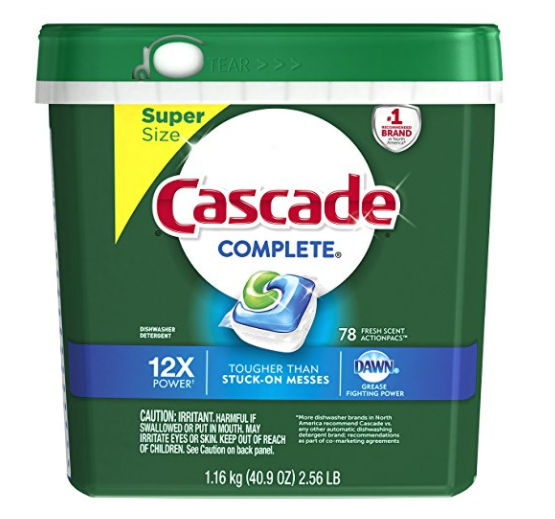 Tub of 78 Cascade ActionPacs dishwasher detergent