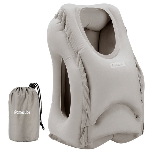 Inflatable travel pillow with head, neck and chin support