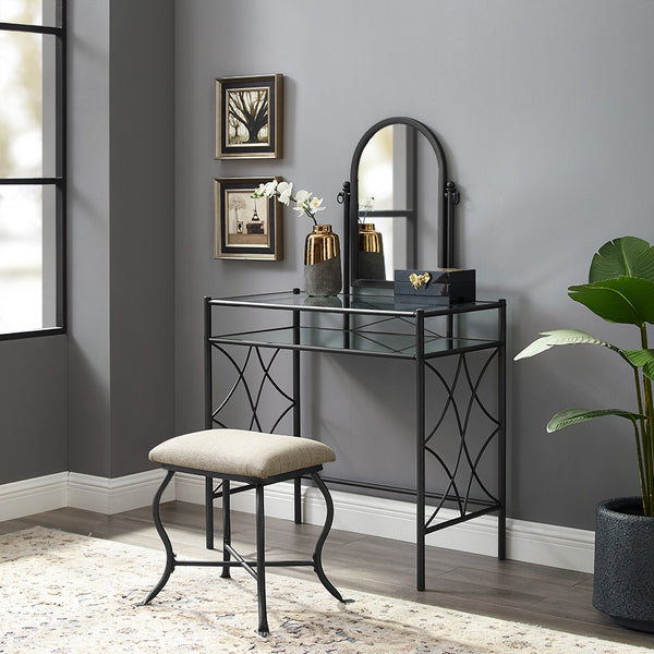 Metal and Glass Vanity Set with Shelf and Upholstered Stool (2 Colors)