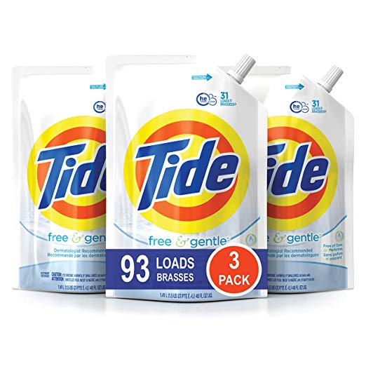 Paquete de 3 bolsas de detergente para ropa Tide Liquid HE de 48 oz (gratis y suave)