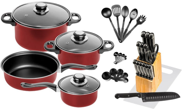 Batería de cocina de 36 piezas con bloque de cuchillos.