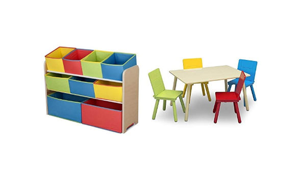 Paquete de organizador de juguetes con múltiples contenedores de lujo para niños Delta y juego de mesa y silla para niños