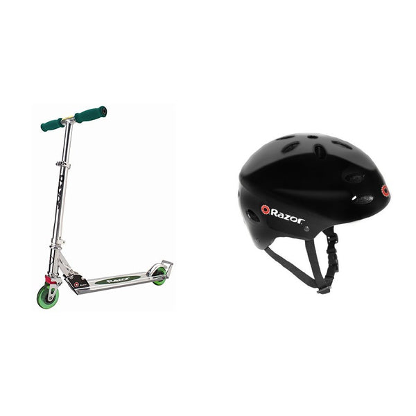 Razor A2 Kick Scooter (Green) + V-17 Youth Sport Helmet (Black)