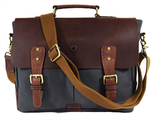 Bolso mensajero vintage de lona de cuero hecho a mano de 14,5"