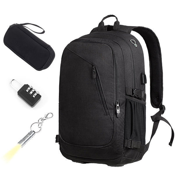Backpack with USB charging port, LED flashlight & privacy padlock