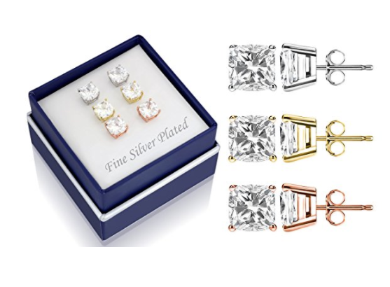 Pack of 3 Women's Cushion-Cut Cubic Zirconia Trio Stud Earring Set In a Gift Box