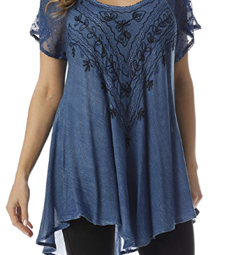 Riviera Sun Loose Fit Mesh Sleeve Embroidered Tunic Top Blouse Shirt