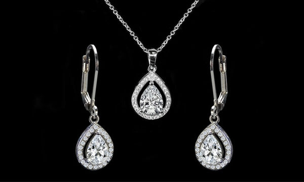 Pear Halo Pendant and Drop Earrings Set