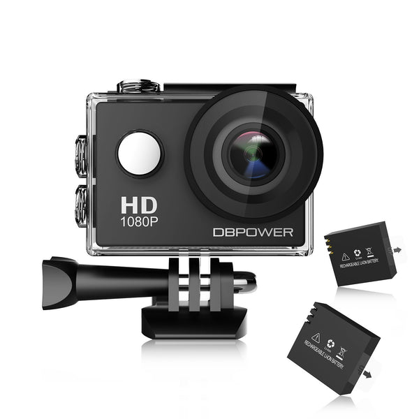 Waterproof action camera with 2 batteries and accessory kit
