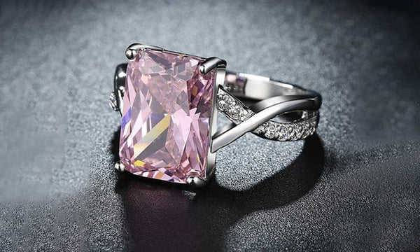Emerald Cut Pink Crystal Swirl Ring Set in 18K White Gold Plating Made with Swarovski Elements