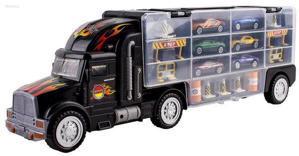Camión portacoches de transporte de juguete para niños (incluye 6 coches y 28 ranuras)