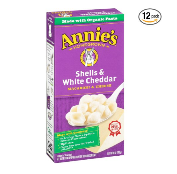 Paquete de 12 macarrones con queso Annie's Shells y Cheddar blanco
