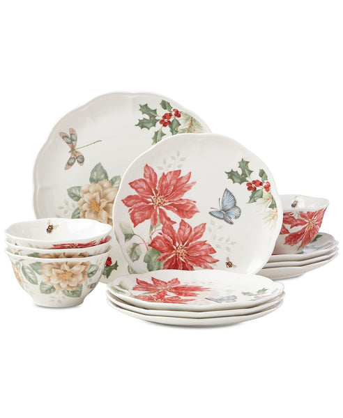 Butterfly Meadow Holiday 12-Piece Dinnerware Set Poinsettias and Jasmine Design