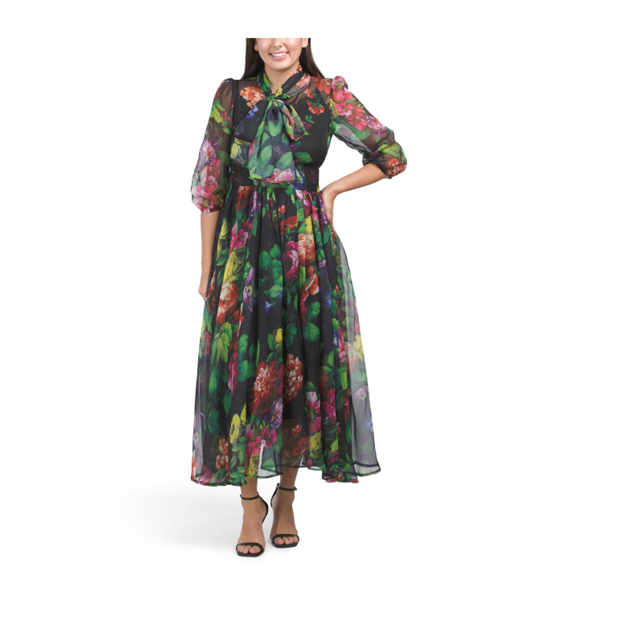 Dalia Macphee Tie-Front Chiffon Floral Maxi Dress
